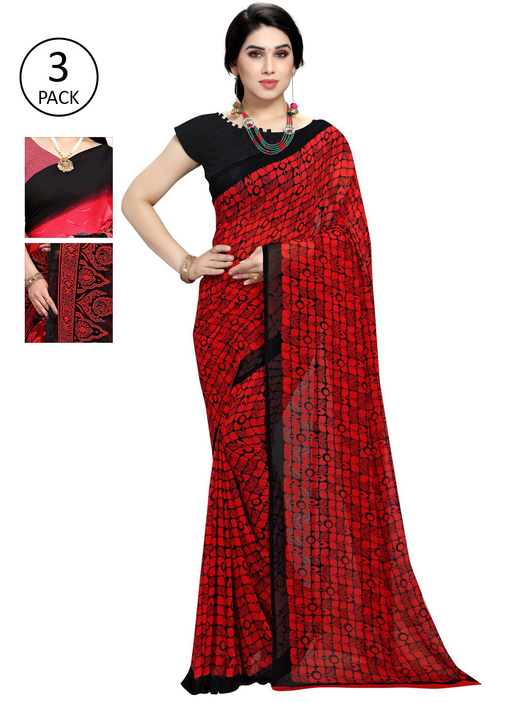 KALINI Multicoloured Set of 3 Poly Georgette Saree, Multi