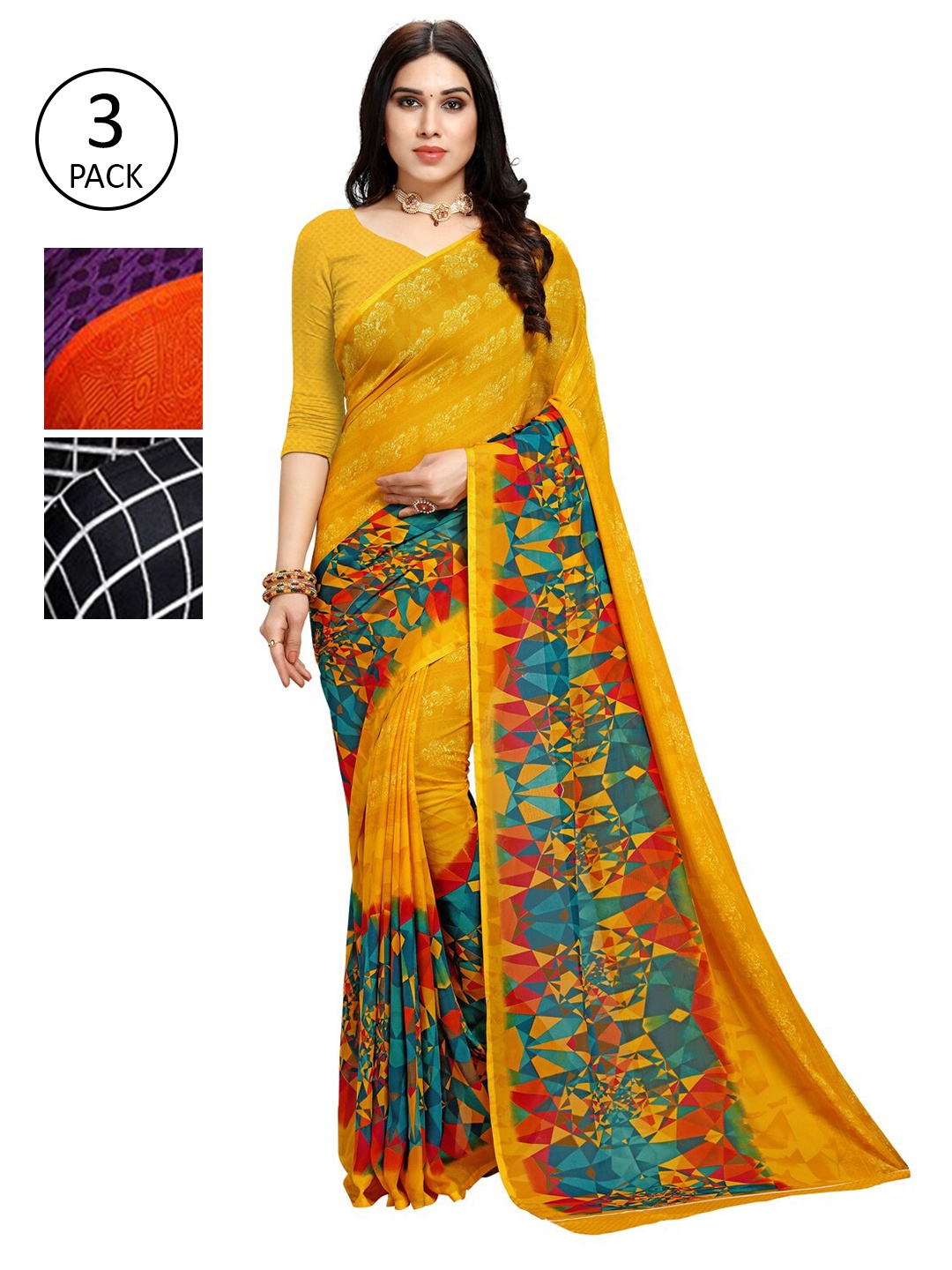KALINI Pack Of 3 Printed Sarees, Orange