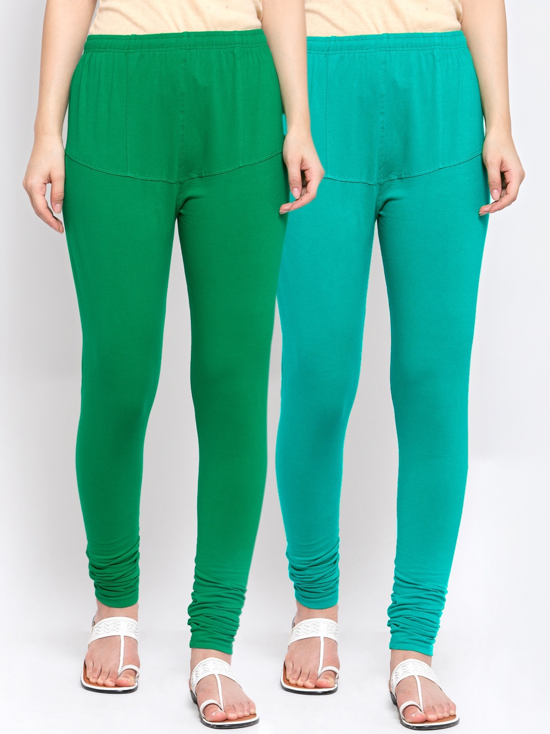KLOTTHE Women Pack Of 2 Solid Cotton Churidar-Length Leggings, Green