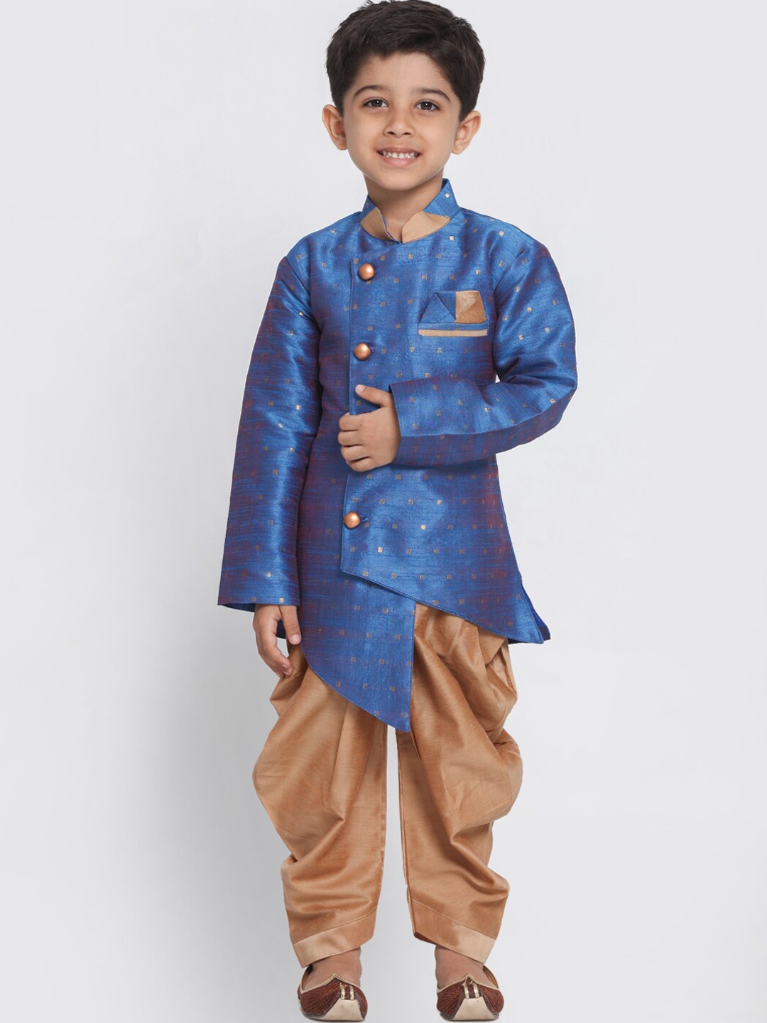 JBN Creation Boys Blue & Gold-Coloured Woven-Design Sherwani Set