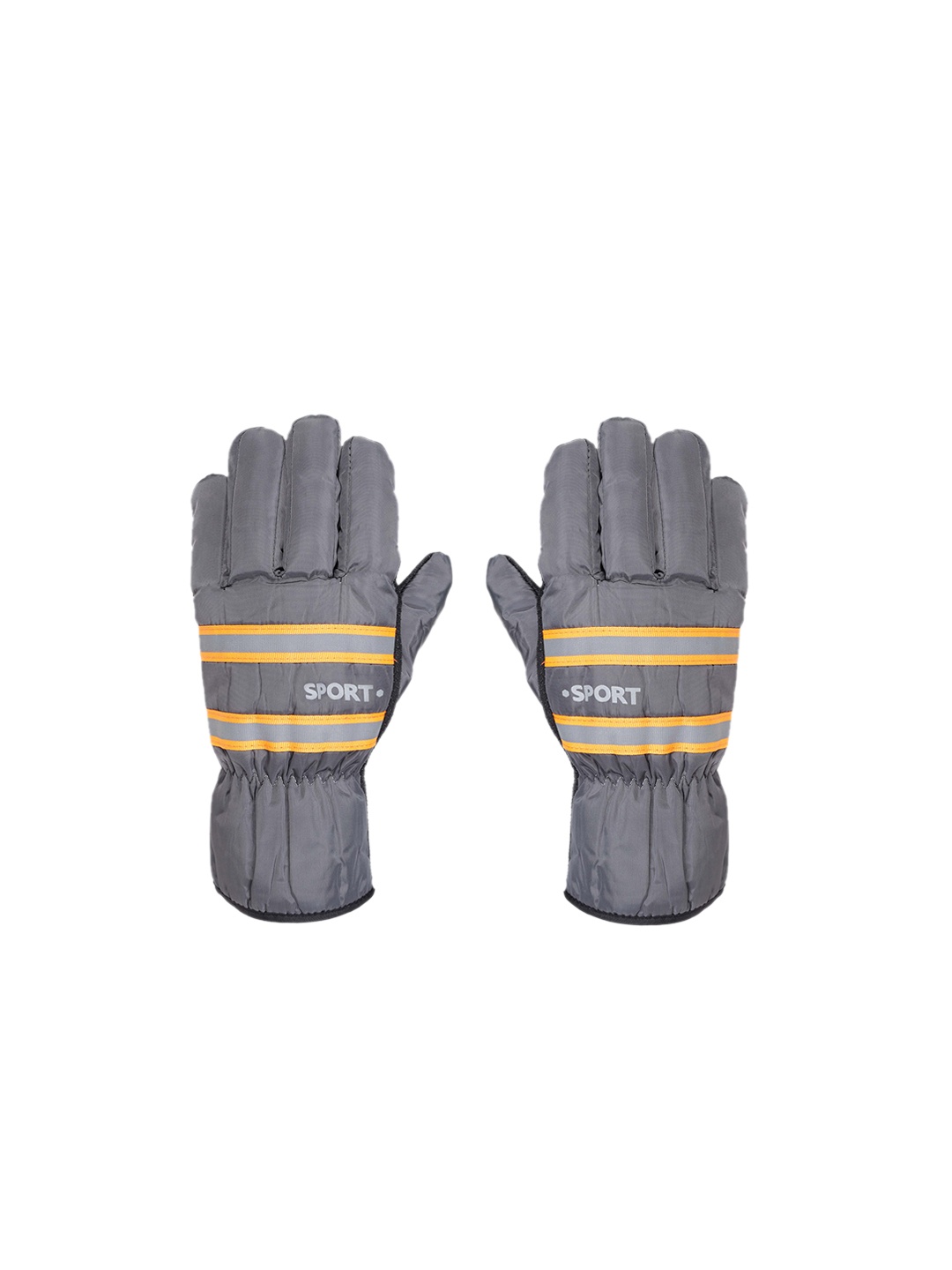 FabSeasons Unisex Grey & Orange Striped Winter Gloves