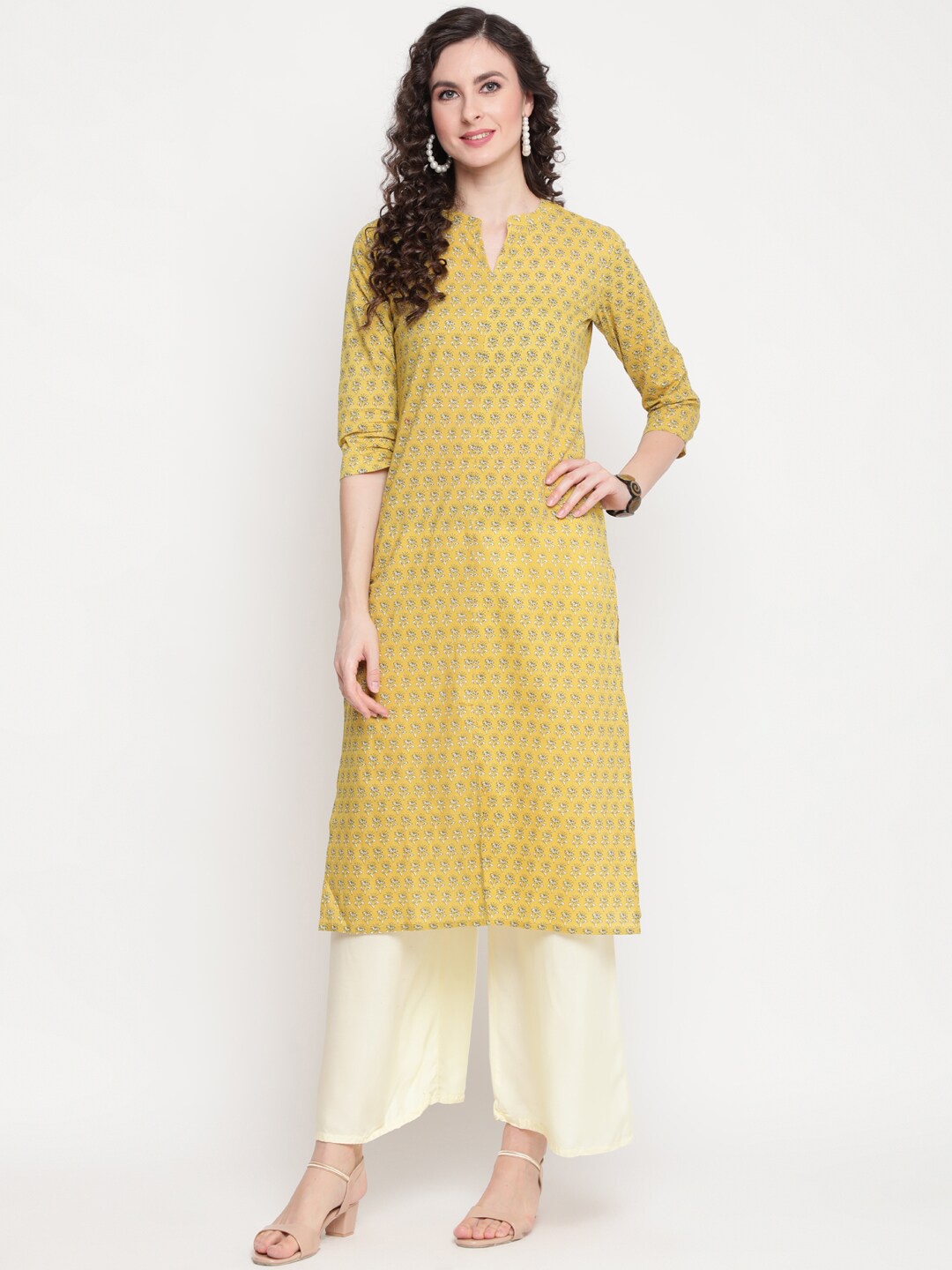 GULMOHAR JAIPUR Women Mustard Yellow Floral Printed Kurta
