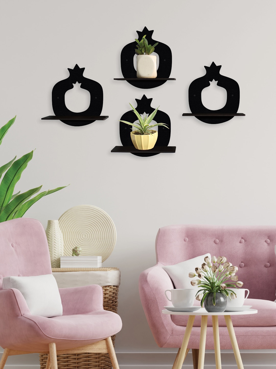 RANDOM Set Of 4 Black MDF Pomegranate Shaped Basic Wall Plant/Flower Shelf