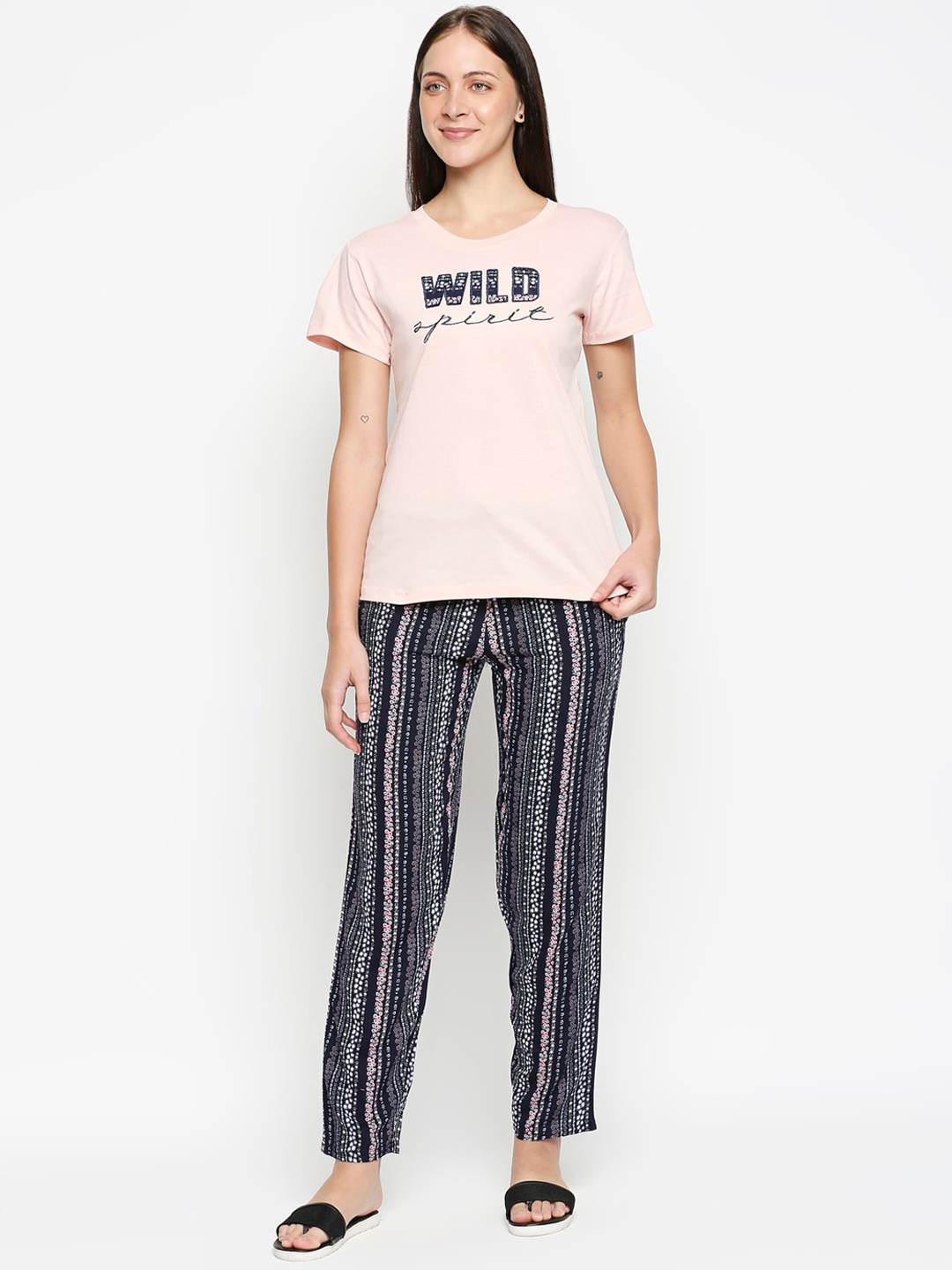 XIN Women Pink & Navy Blue Printed Night suit