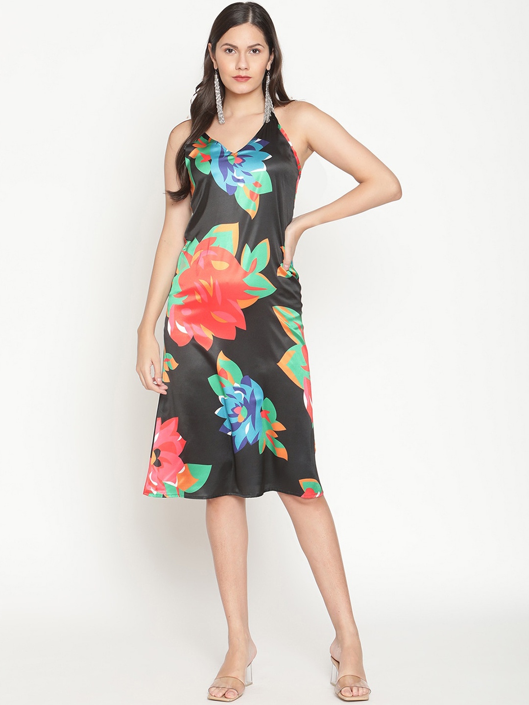 The Vanca Women Black Floral Satin A-Line Dress