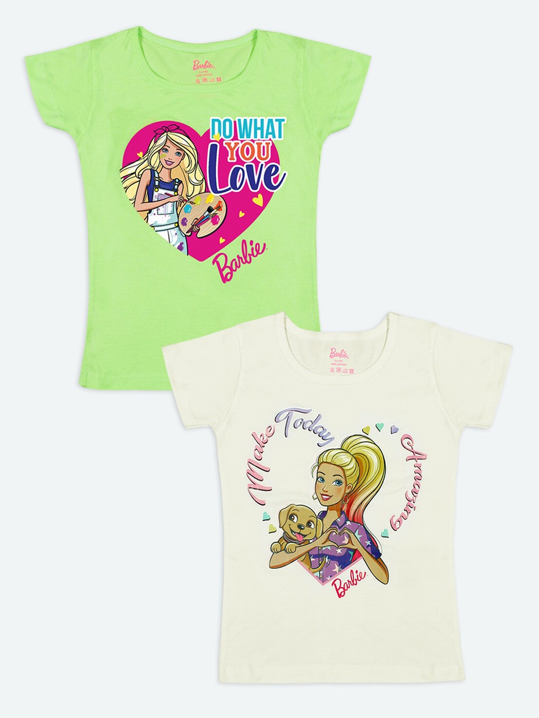 Barbie Girls Off White & Green Pack Of 2 Printed Cotton T-shirt