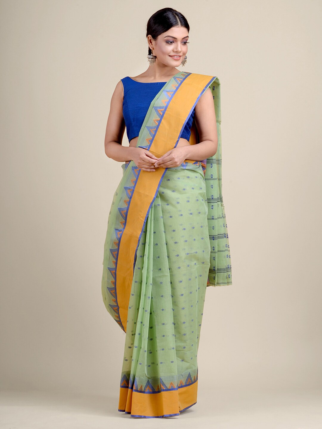 Charukriti Green & Blue Ethnic Motifs Pure Cotton Handloom Taant Saree