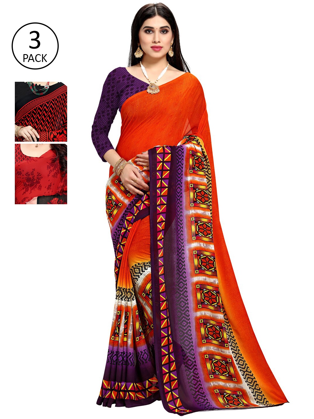 KALINI Pack of 3 Orange & Red Poly Georgette Sarees