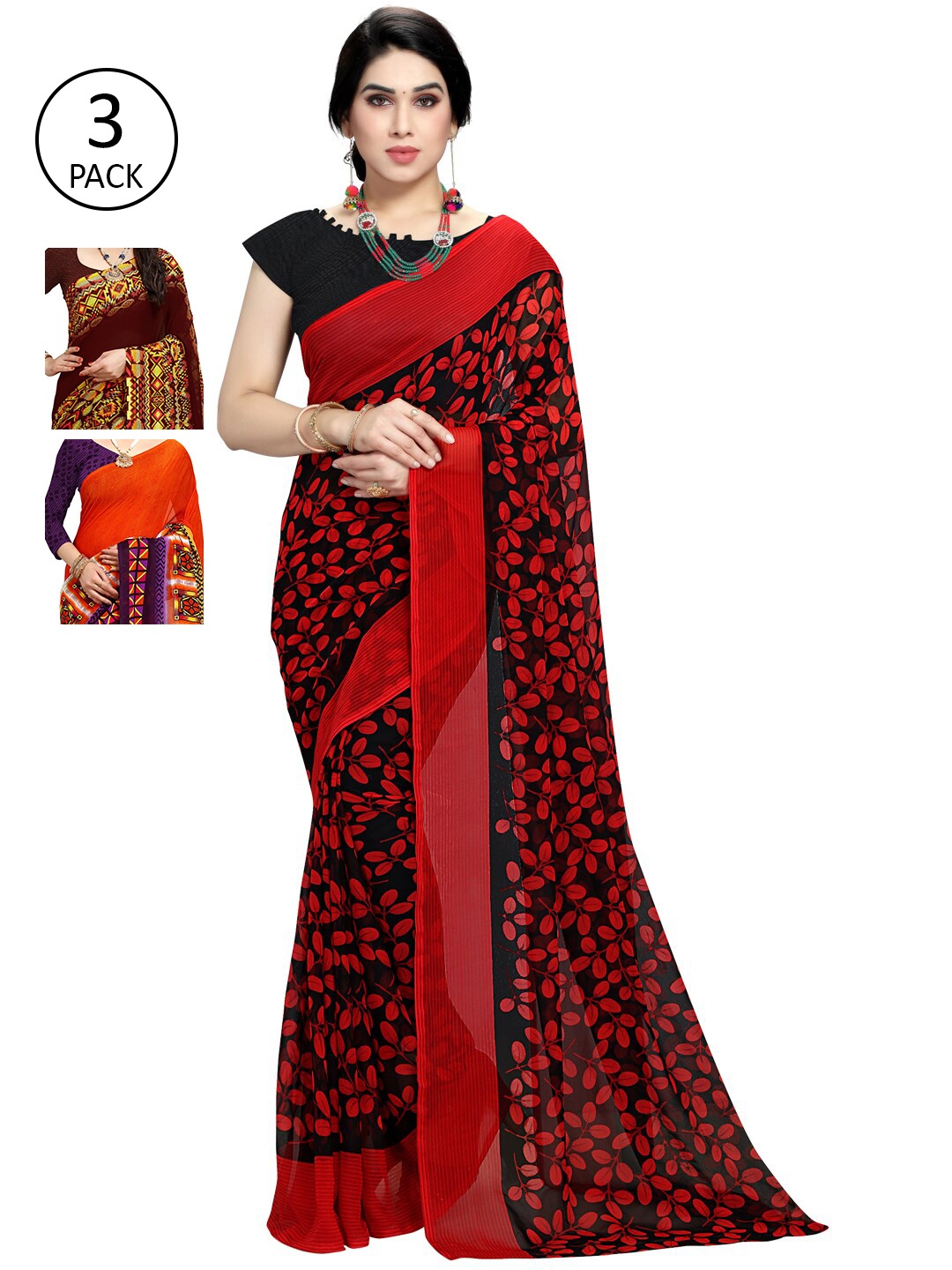 KALINI Pack of 3 Red & Orange Floral Saree