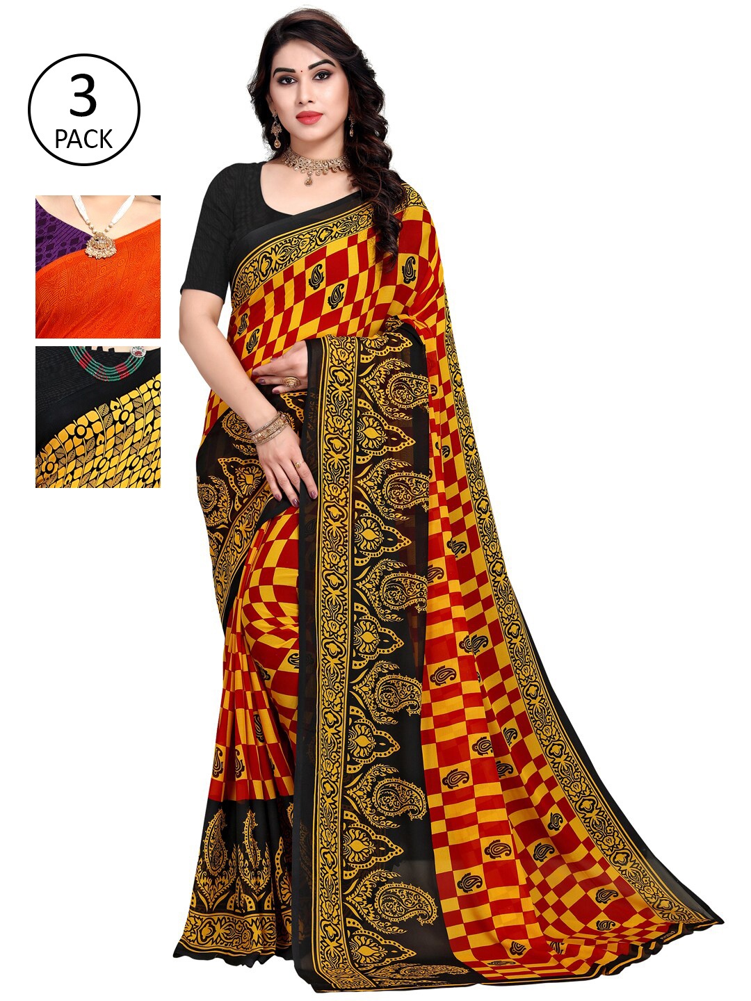 KALINI Pack of 3 Orange & Yellow Poly Georgette Sarees