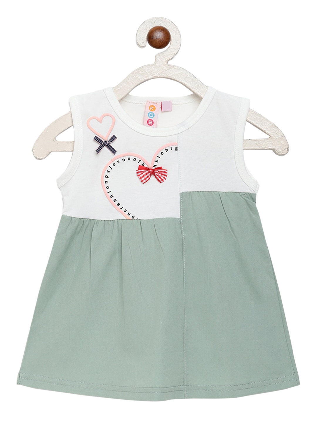 Kids On Board Green & White Colourblocked Bow Applique A-Line Dress