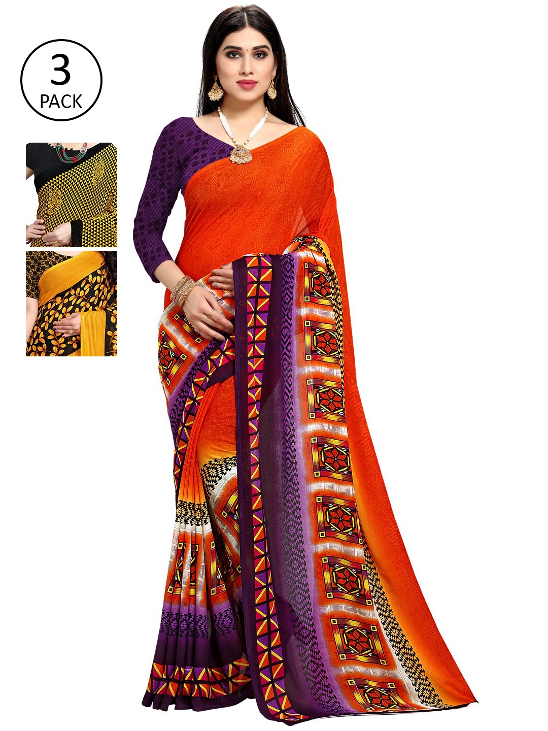 KALINI Pack of 3 Yellow & Orange Floral Saree