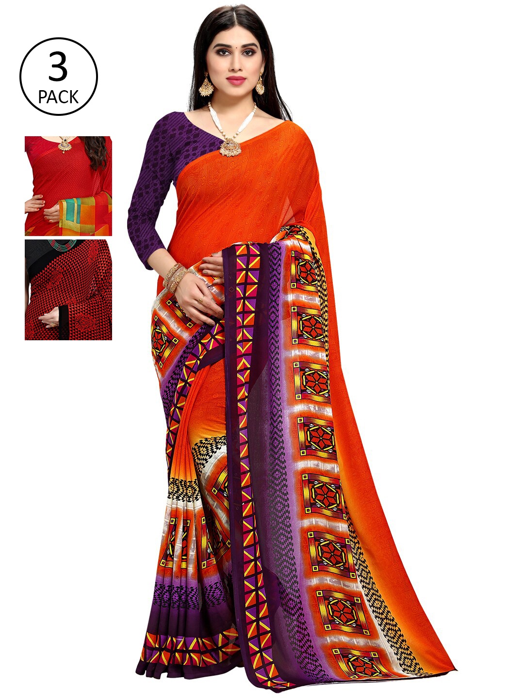 KALINI Pack of 3 Red & Orange Floral Saree