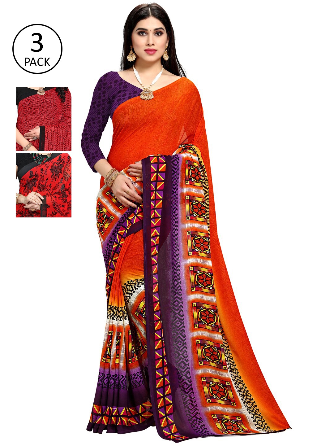 KALINI Pack of 3 Orange & Red Saree