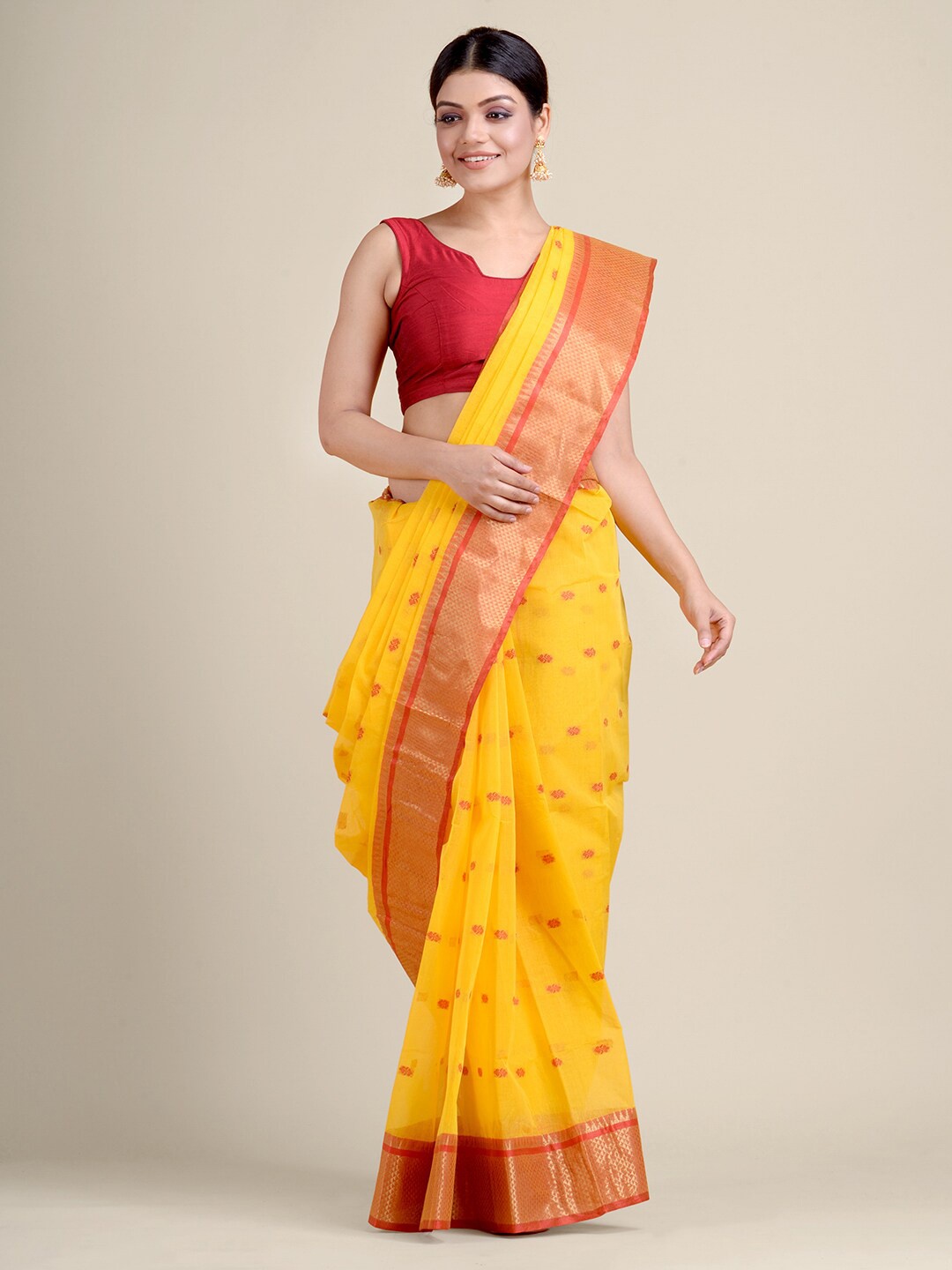 Charukriti Yellow & Red Woven Design Pure Cotton Handloom Taant Saree