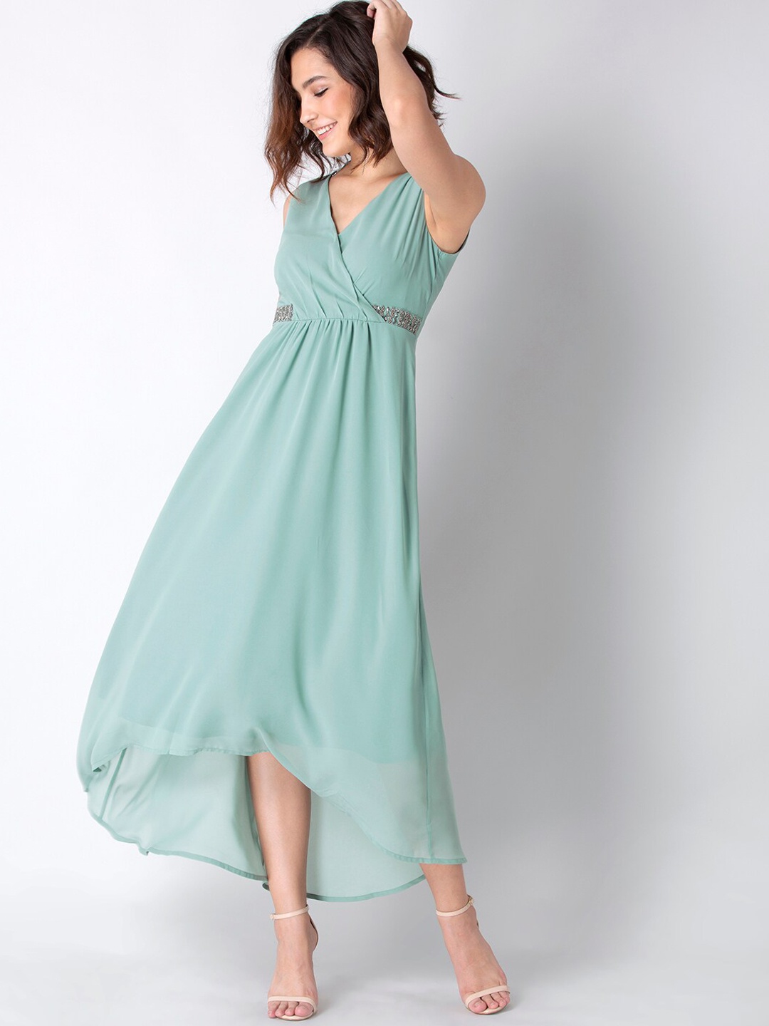 FabAlley Women Sea Green Georgette High-Low Maxi Dress