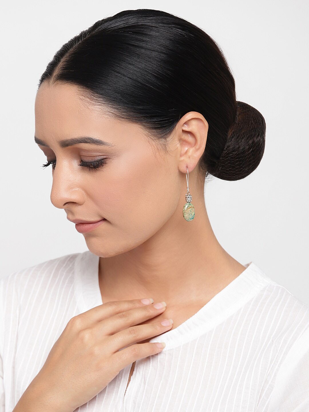 Fabindia Silver-Toned & Green Contemporary Drop Earrings