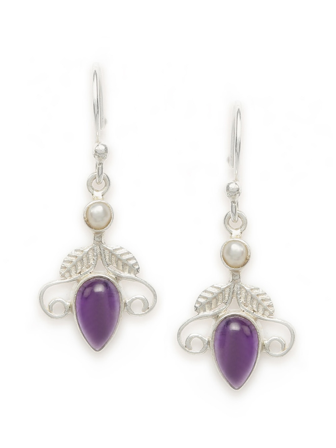 Fabindia Silver-Toned & Purple Teardrop Shaped Drop Earrings