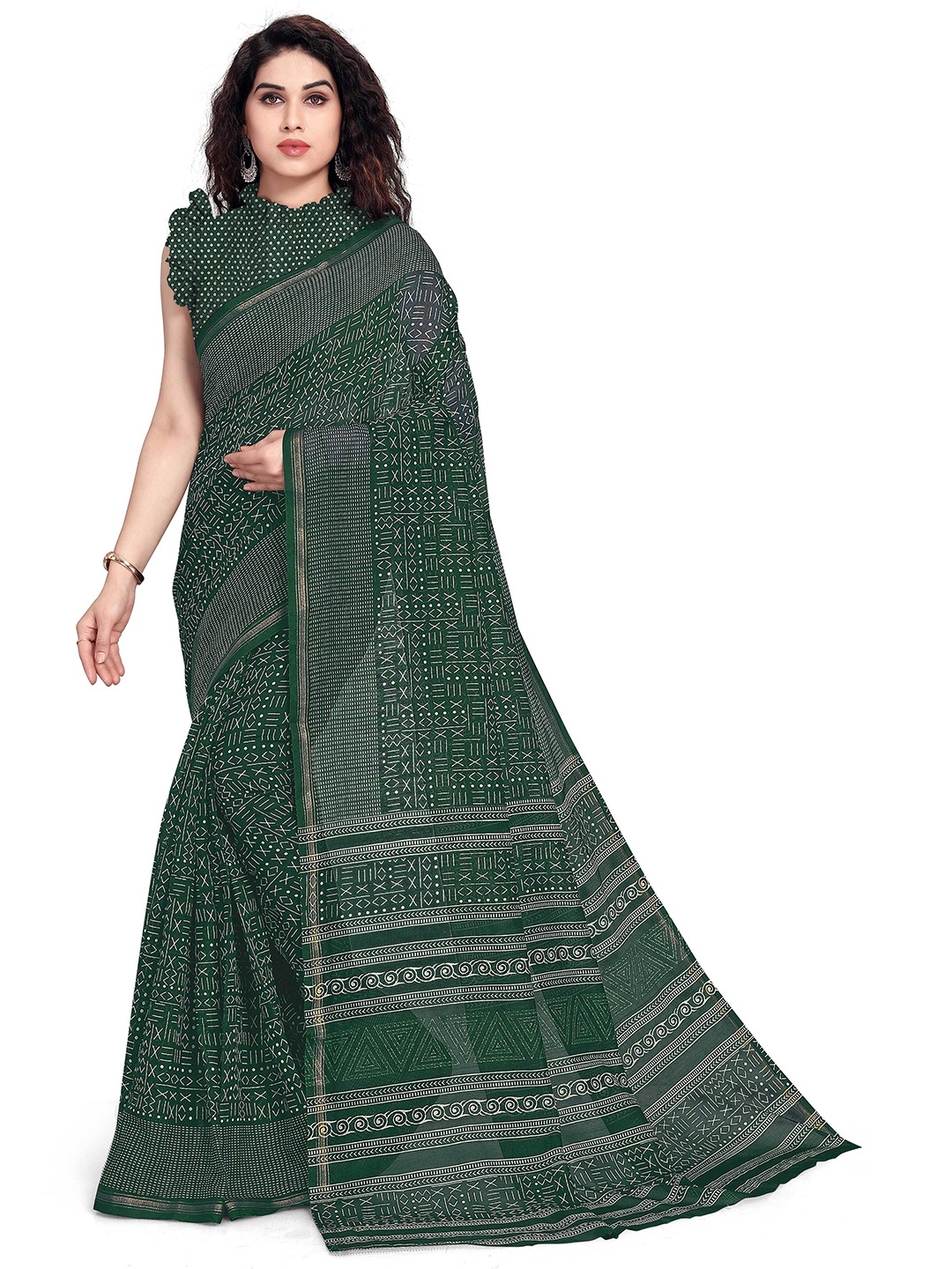 KALINI Green Geometric Printed Cotton Saree