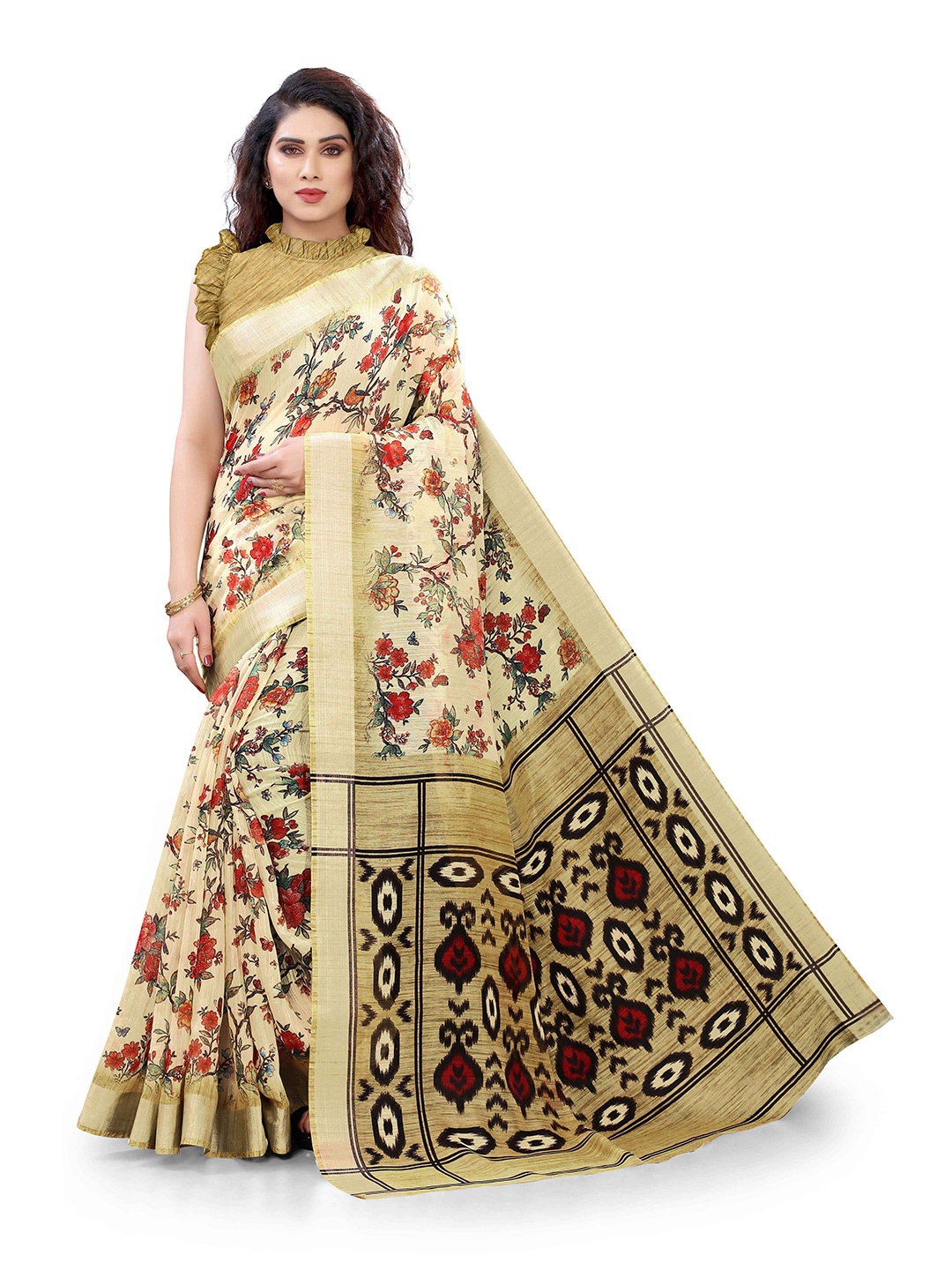 KALINI Women Cream & Multicolour Floral Print Bagh Saree With Unstitched Blouse