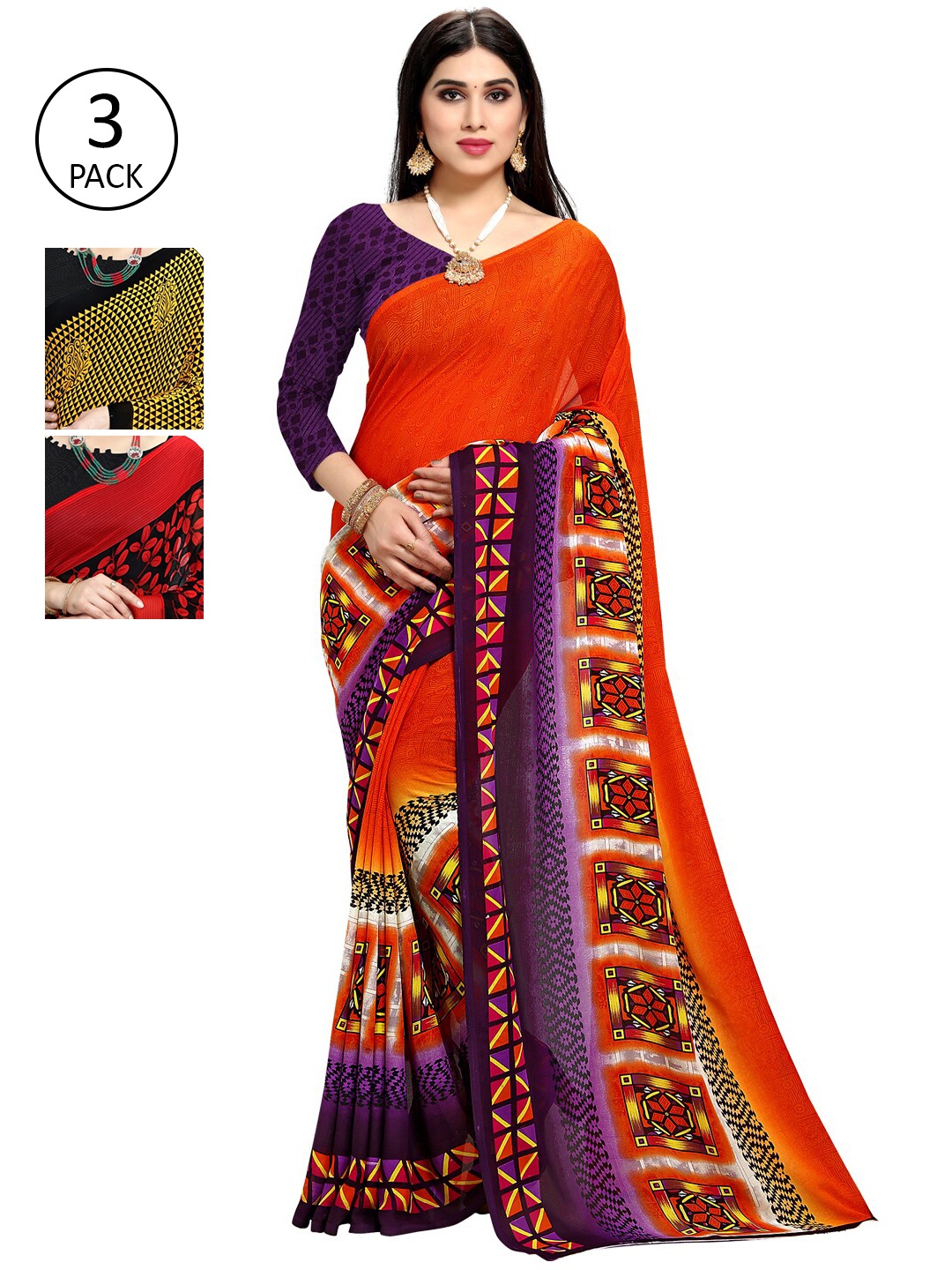 KALINI Multicoloured Set of 3 Poly Georgette Saree, Multi