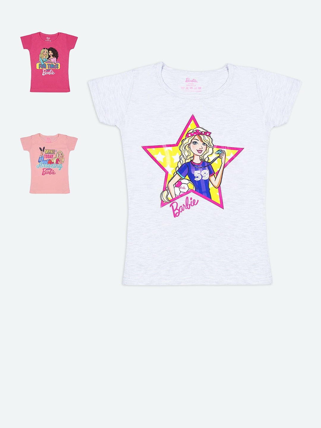 Barbie Girls Pack of 3 White Pink Printed Cotton Pure Cotton T-shirts