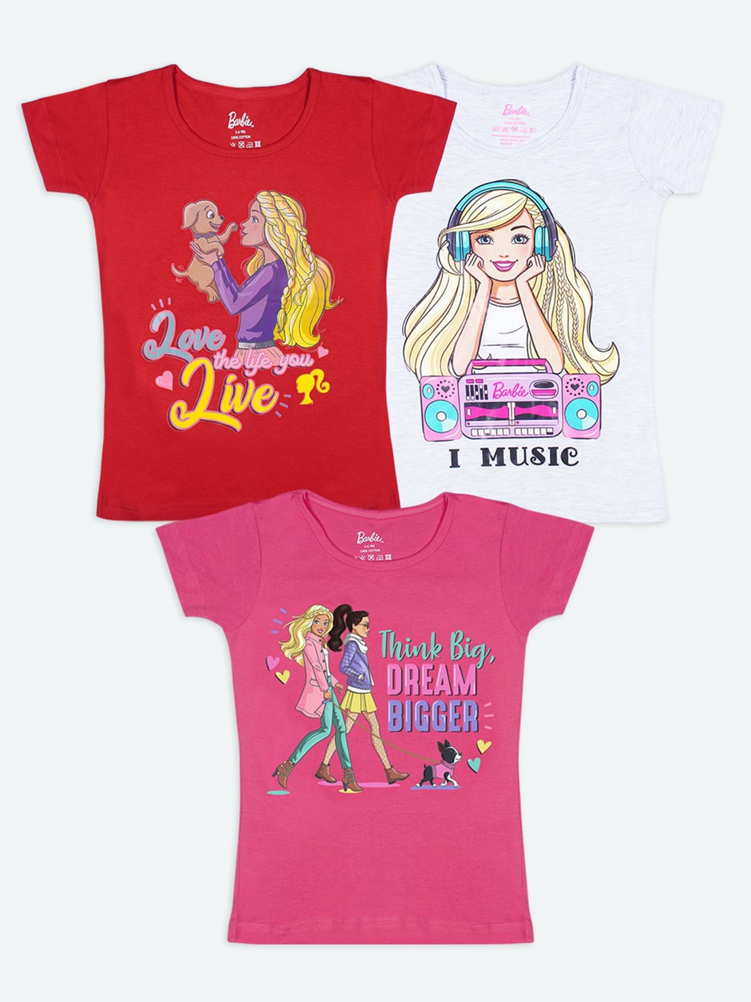 Barbie Girls Multicoloured Pack of 3 Printed T-shirt, Multi