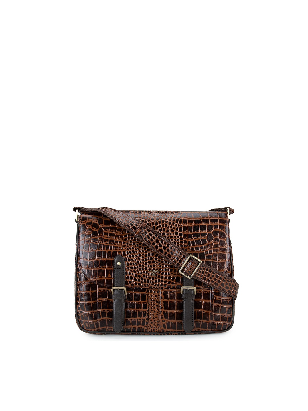 Da Milano Brown Animal Printed Leather Structured Sling Bag