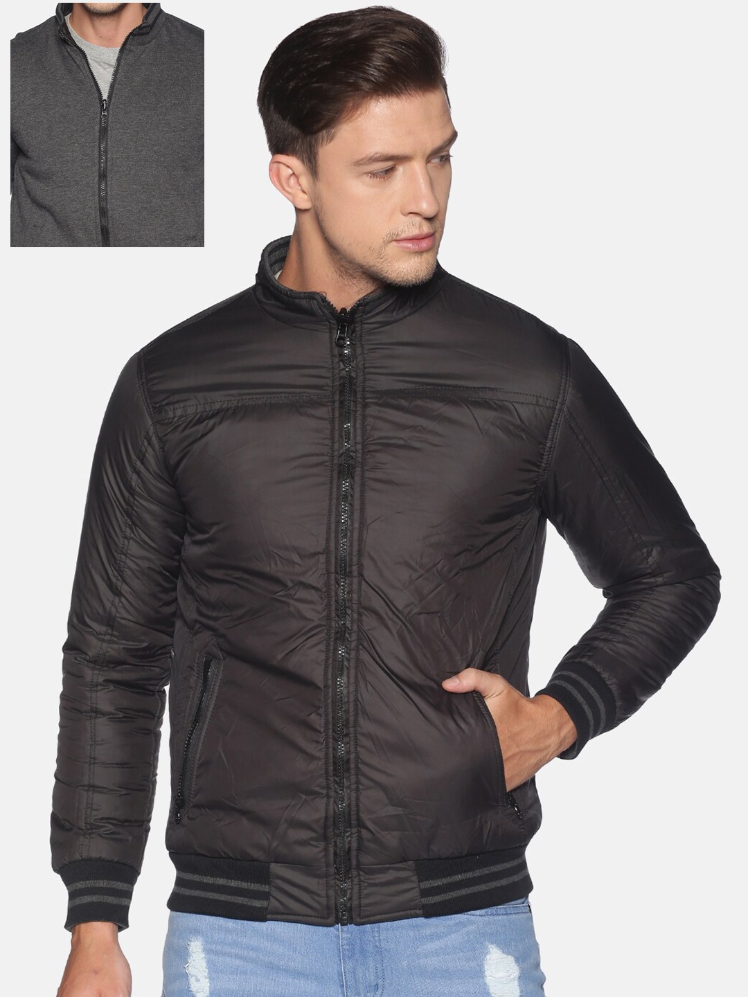 Campus Sutra Men Charcoal Reversible Bomber Jacket