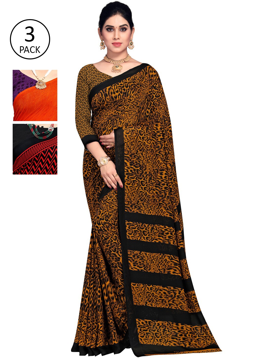 KALINI Multicoloured Set of 3 Poly Georgette Saree, Multi