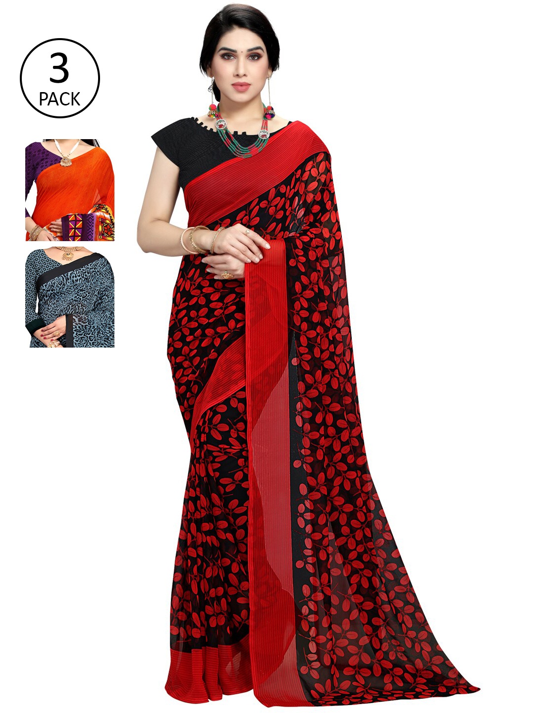 KALINI Pack of 3 Orange & Black Saree