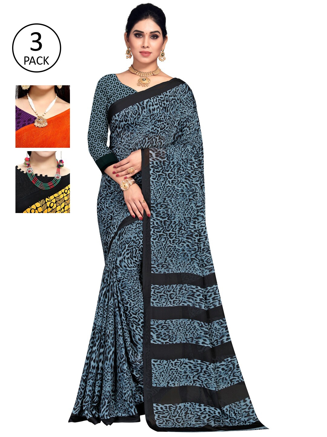 KALINI Multicoloured Set of 3 Poly Georgette Saree, Multi