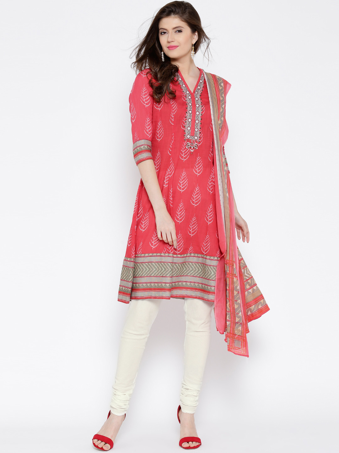 BIBA Coral Red & OffWhite Printed Churidar Anarkali Kurta with Dupatta