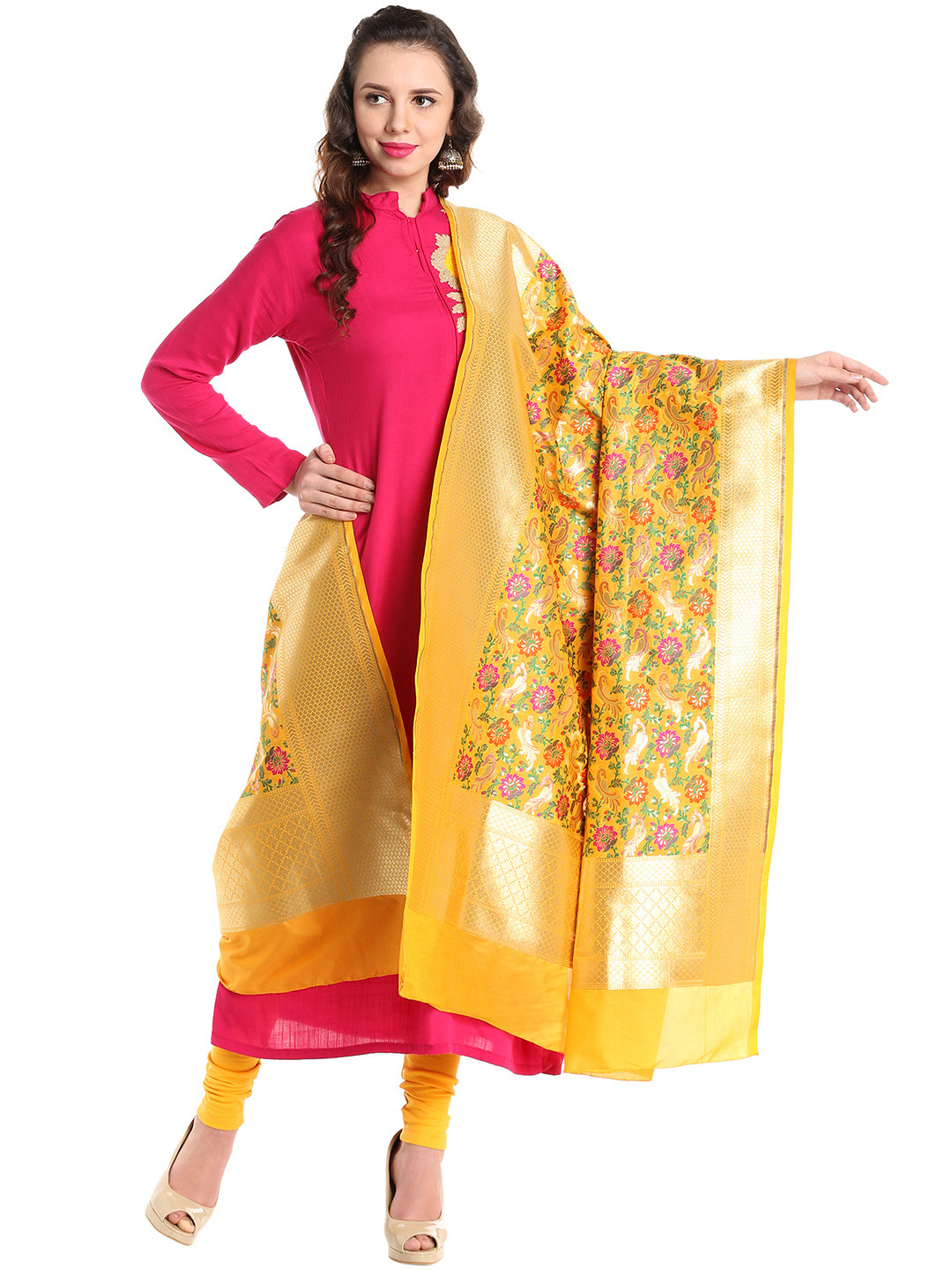 Dupatta Bazaar Mustard Yellow & Golden Patterned Banarasi Silk Dupatta