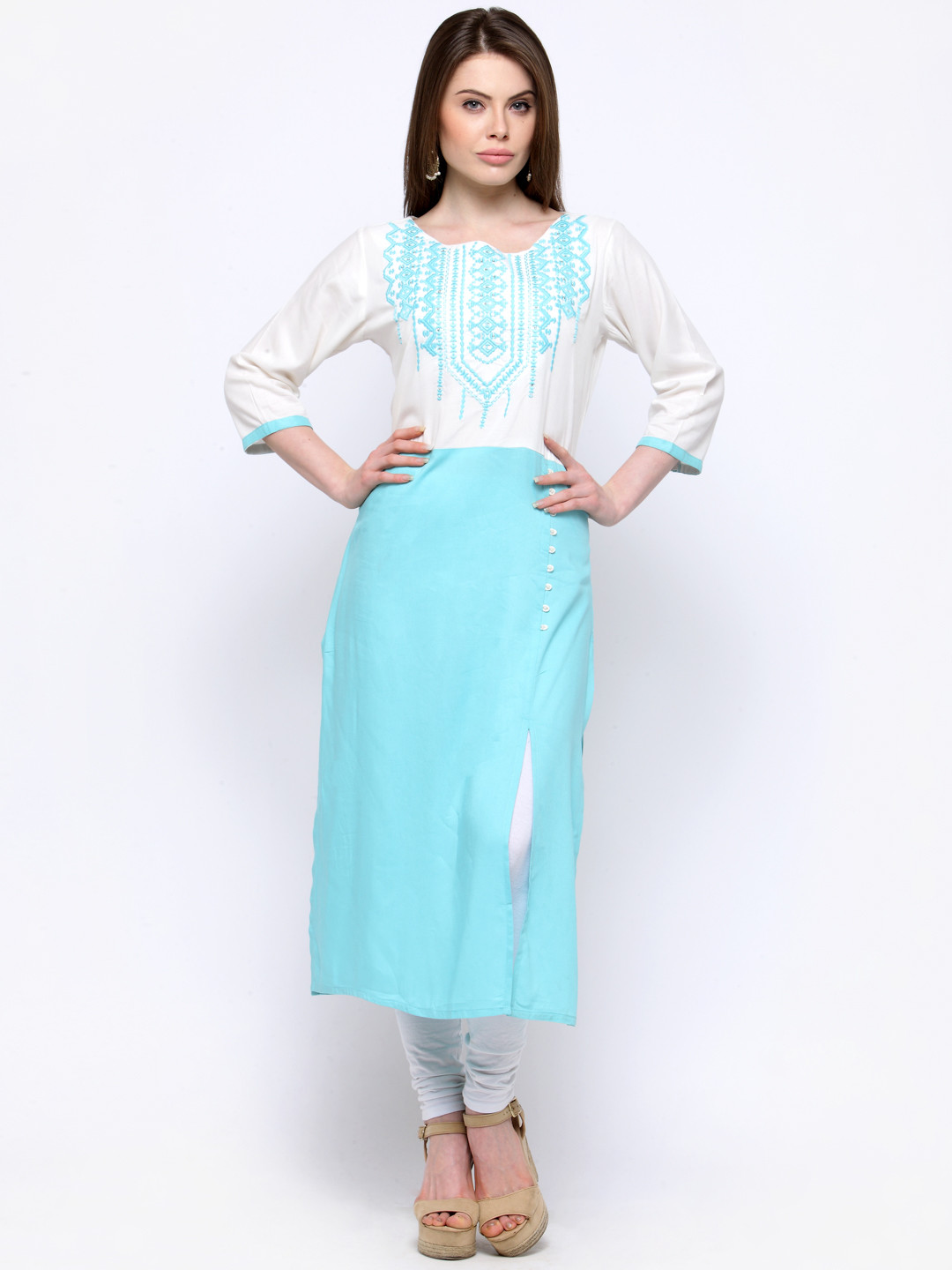 Shree Women White & Blue Embroidered Straight Kurta price Myntra
