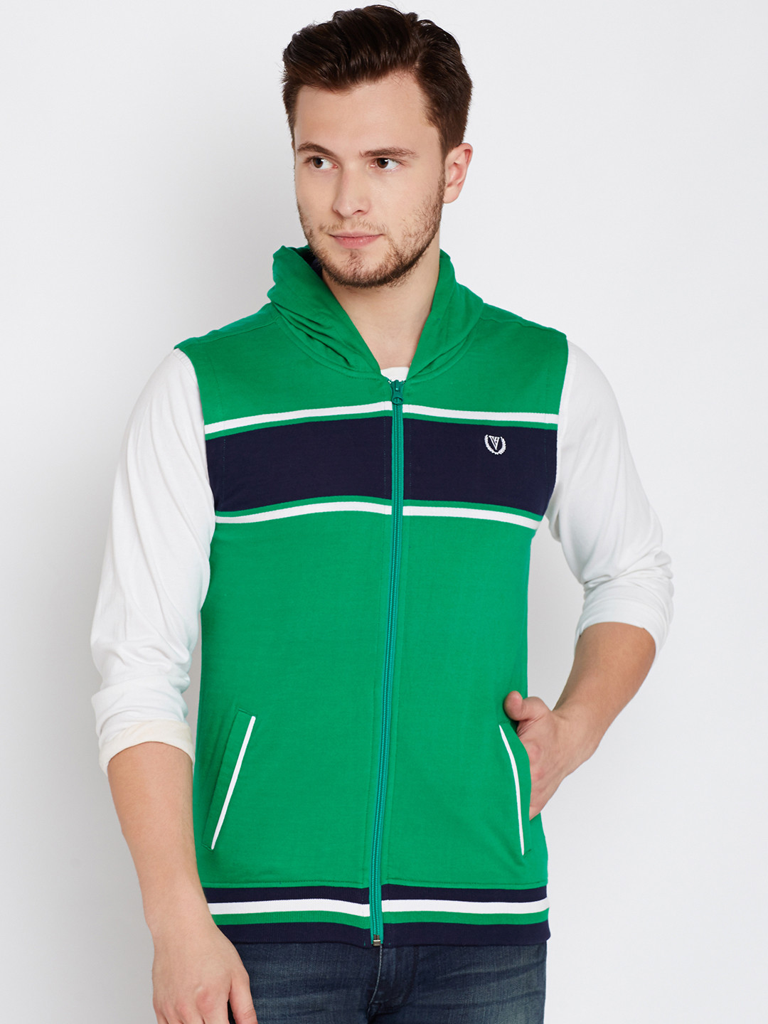 Van Heusen Sport Men Green Striped Hooded Sweatshirt Van Heusen Sport Sweatshirts price Myntra 