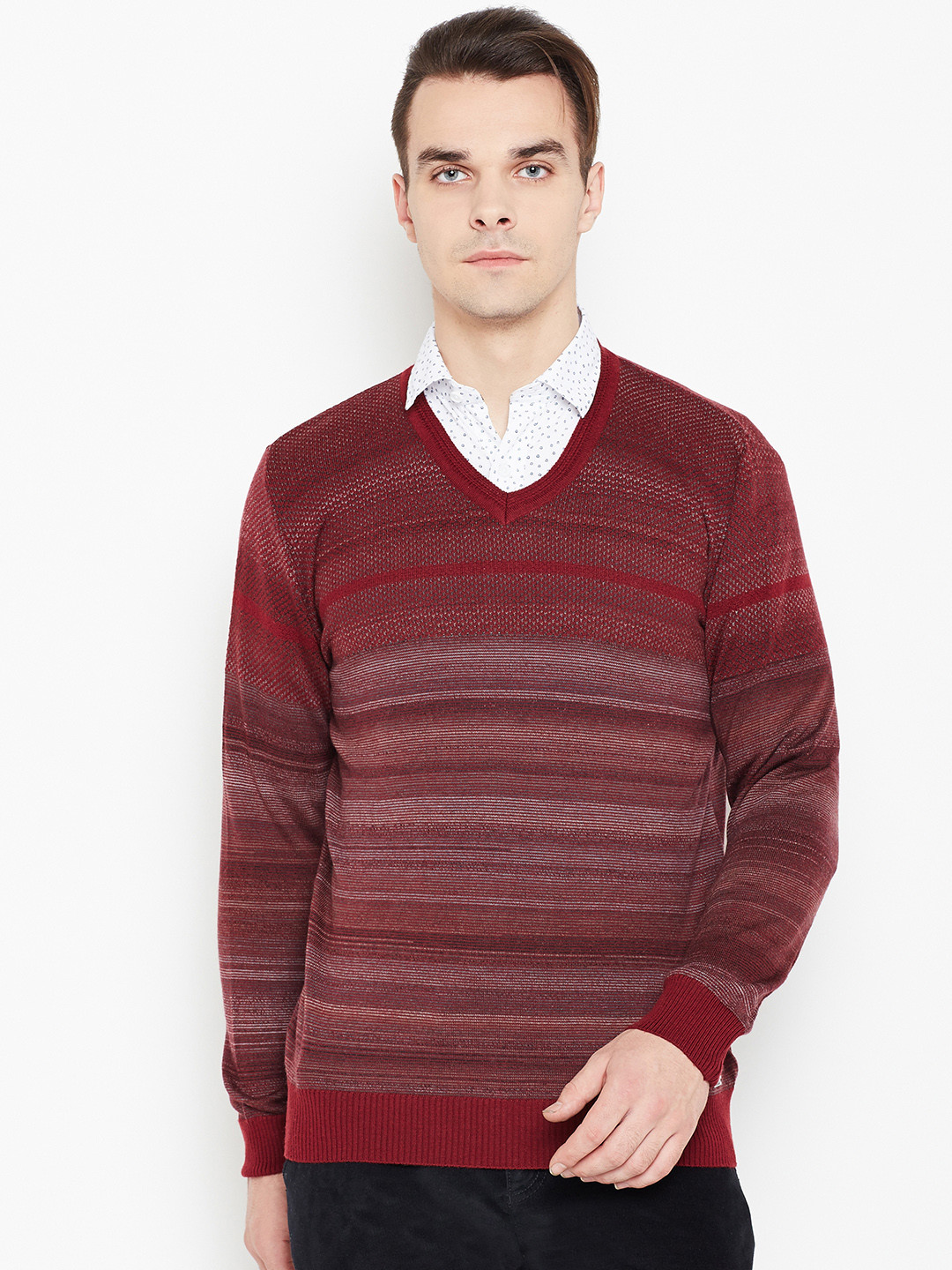 Monte Carlo Men Maroon Striped Woollen Sweater Monte Carlo Sweaters