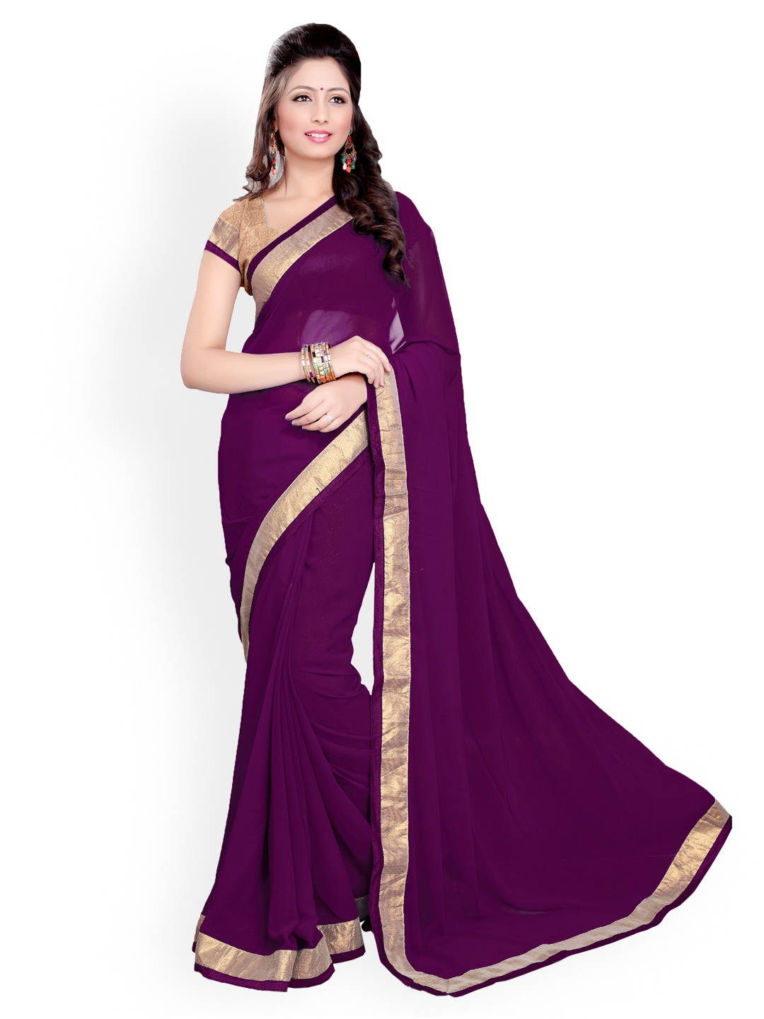 Mirchi Fashion Purple Poly Georgette Fashion Saree