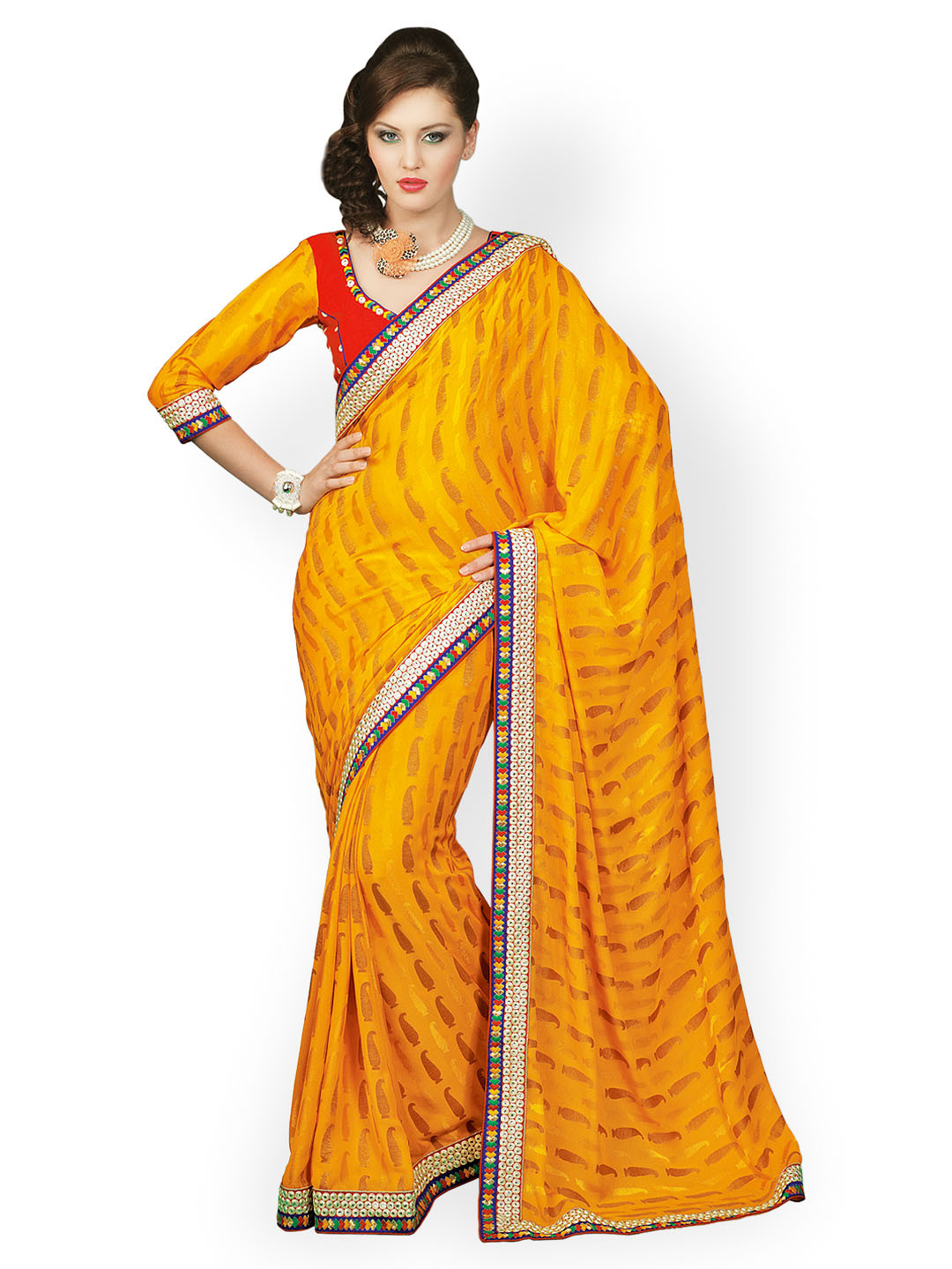 Myntra Chirag Sarees Mustard Yellow Printed Crepe Fashion Saree 627552 | Buy Myntra Chirag 