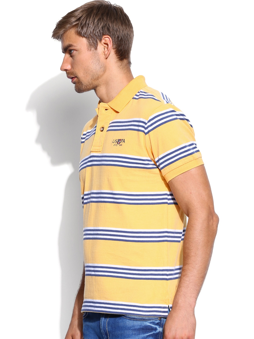 Myntra U.S. Polo Assn. Men Yellow & Grey Striped Polo T-shirt 638849 ...