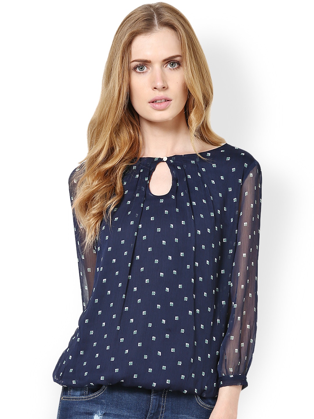 Harpa Women Navy Printed Top, Navy blue