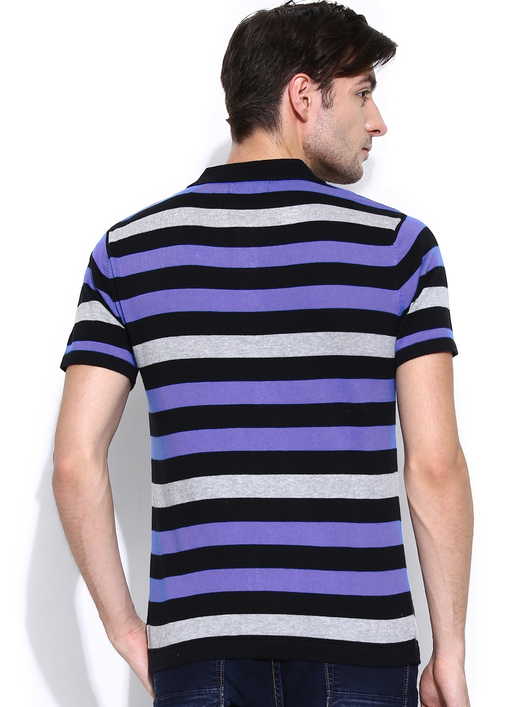 Purple and black striped t shirt The design depicted is only printed on the front of the t-shirt. There is no design on the back of the t- shirt. This t- shirt is hand-made and unique, using high quality % cotton.