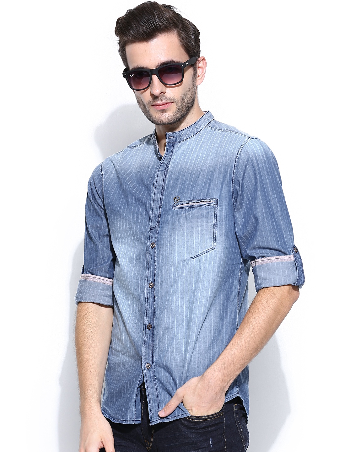 Myntra SPYKAR Men Blue Denim Striped Casual Shirt 778201 | Buy Myntra ...
