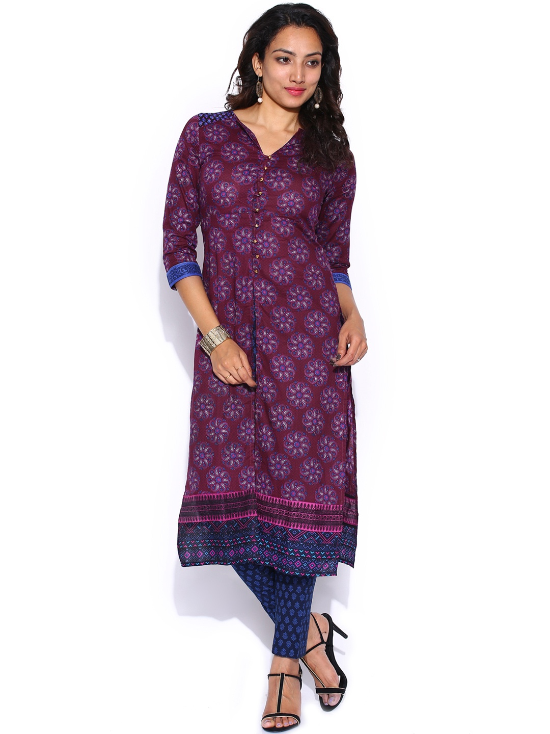 Vishudh Burgundy & Blue Printed Kurta with Trousers