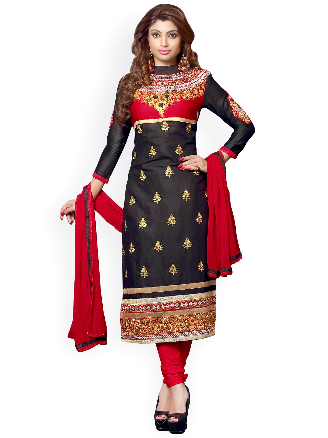 Blissta Black & Red Unstitched Dress Material