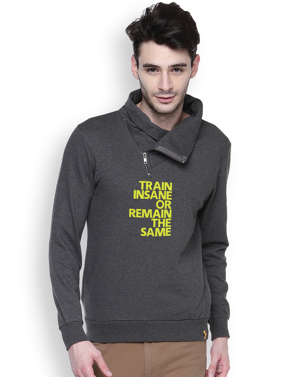 Campus Sutra Grey Printed Shawl Neck Sweatshirt