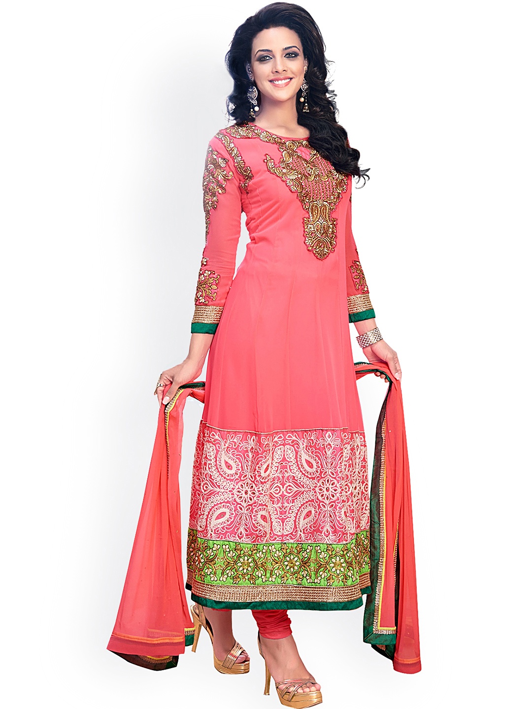 Myntra Desi Look Pink Georgette Embroidered Unstitched Anarkali Dress Material 940355 Buy