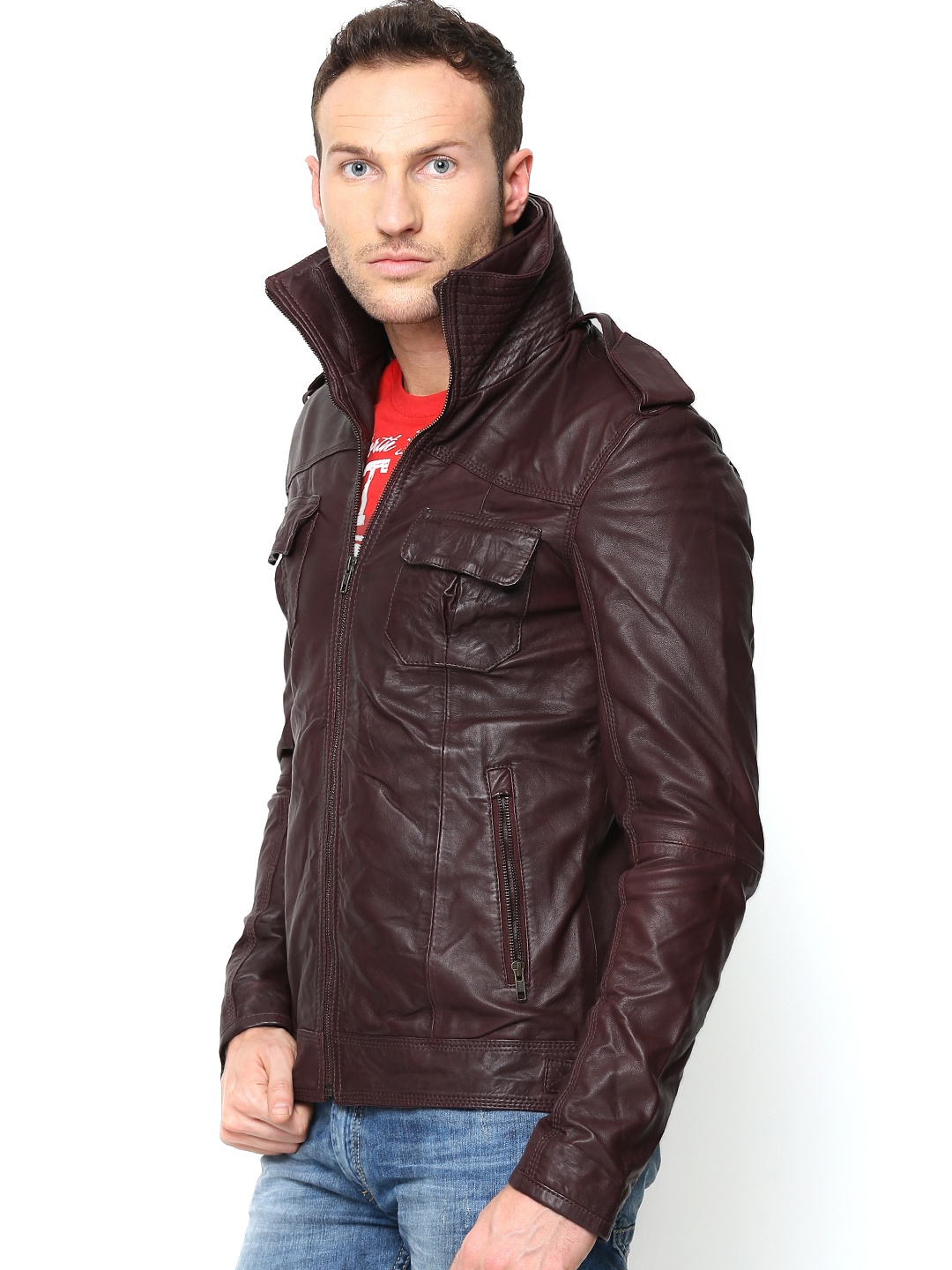 Myntra BARESKIN Men Burgundy Leather Jacket 652835 | Buy Myntra