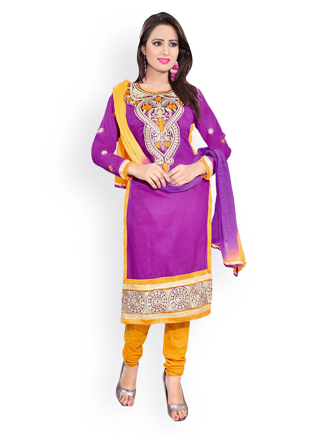 Blissta Purple & Yellow Embroidered Cotton Unstitched Dress Material