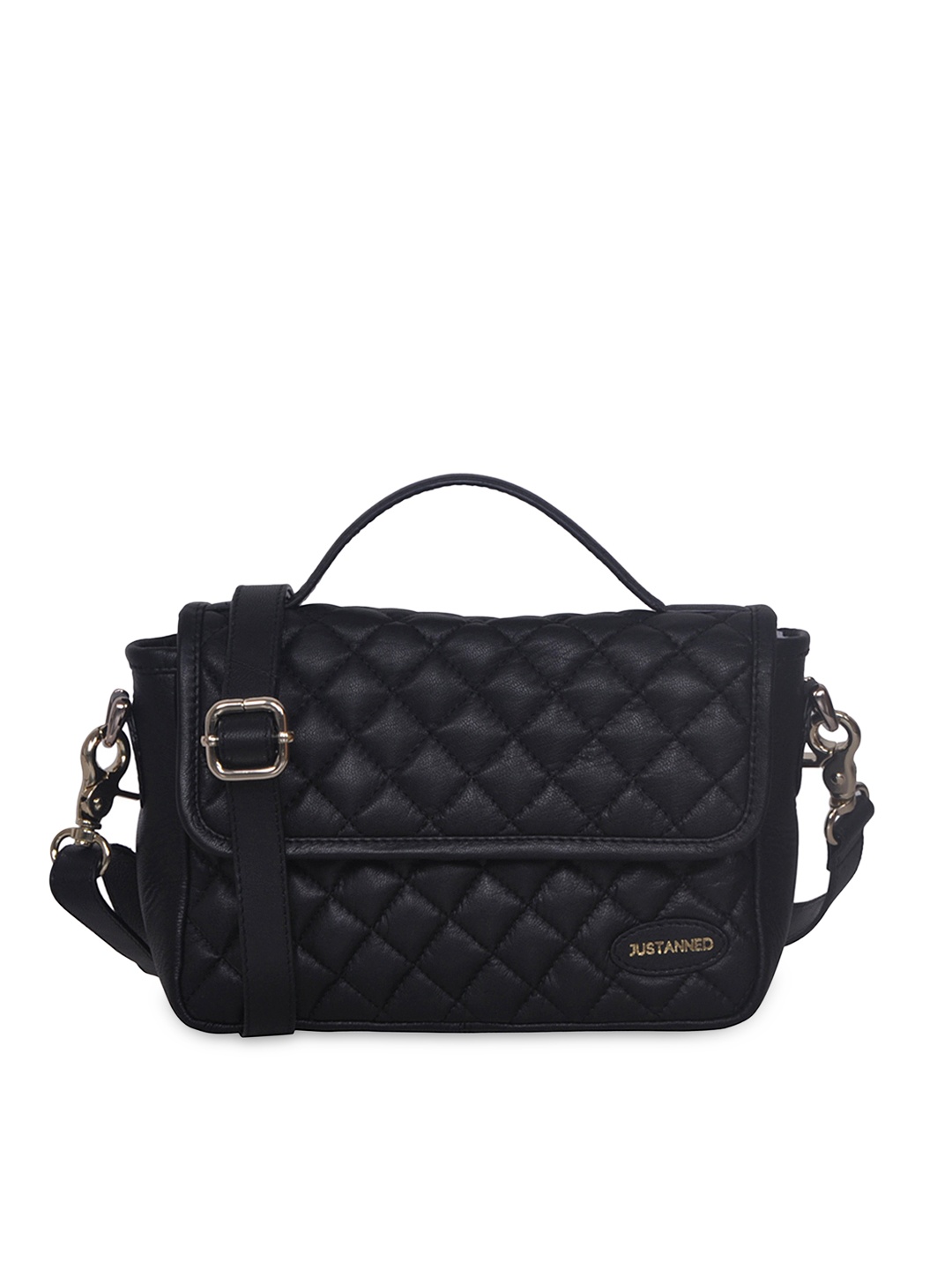 Myntra Justanned Women Black Leather Sling Bag 609675 | Buy Myntra Justanned Handbags at best ...